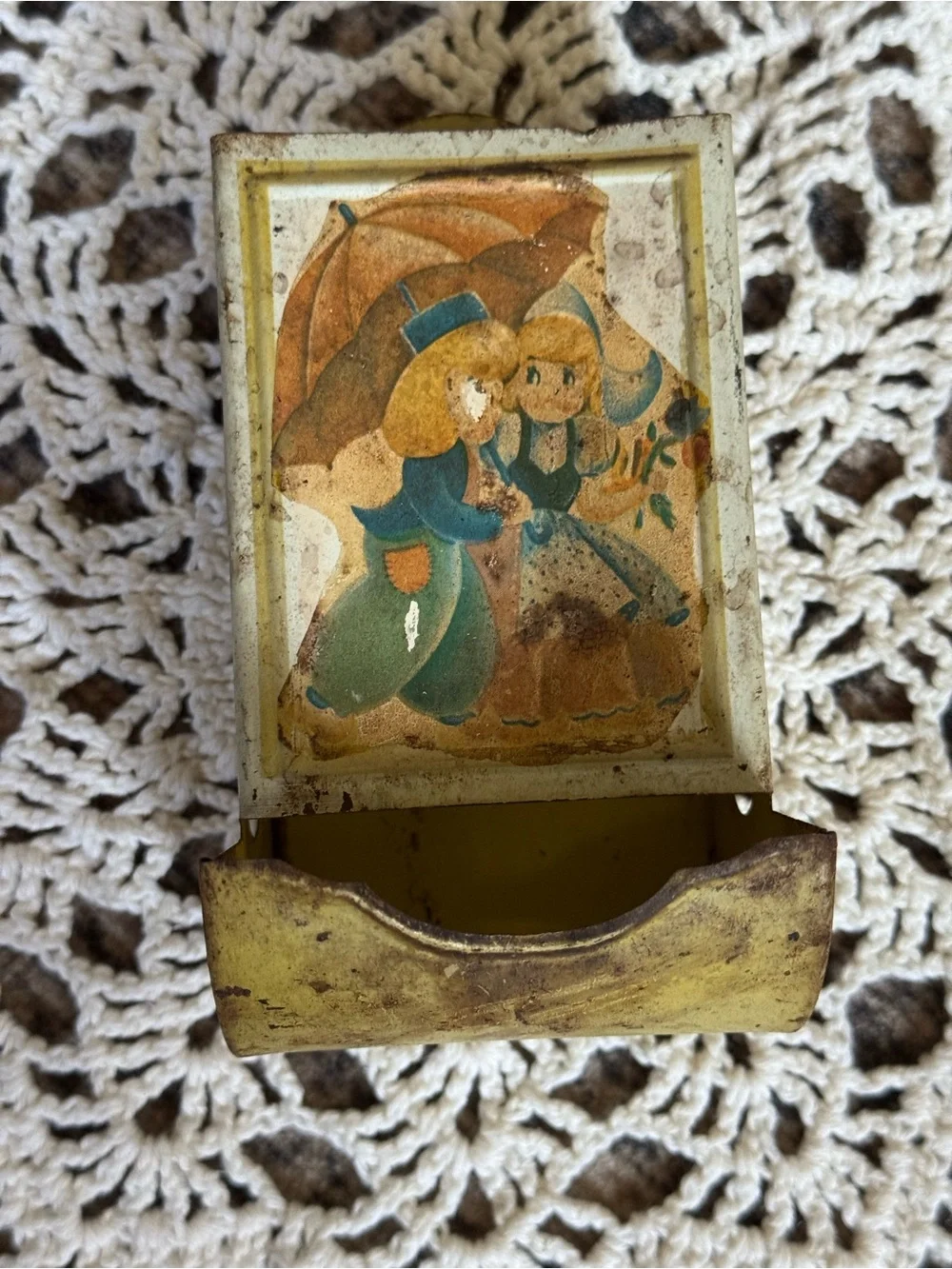 Vintage Tin Dutch Children Match Holder | Wall Match Box Holder | Cottage Decor